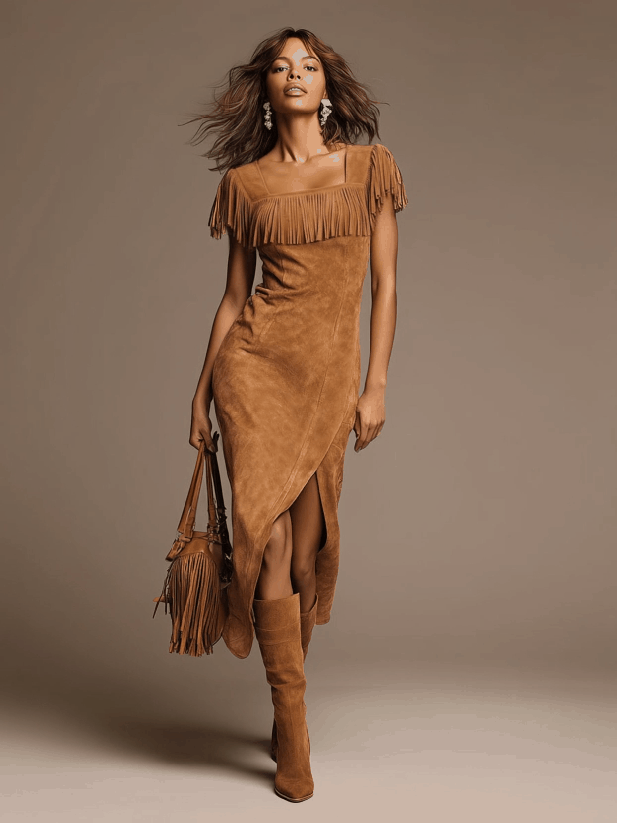 Western Retro Light Brown Faux Suede Slit Tassel Short-Sleeve Midi Dress