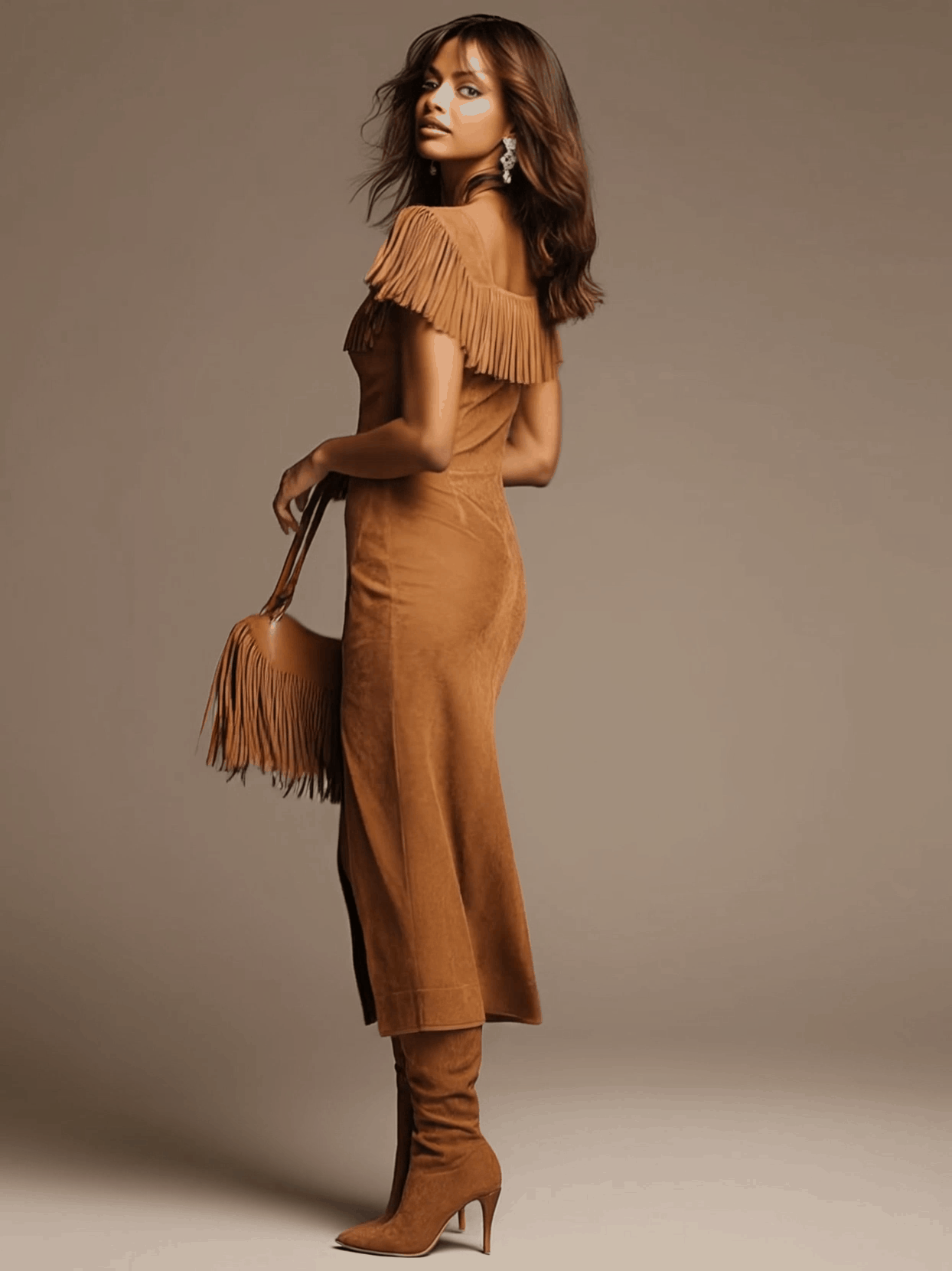 Western Retro Light Brown Faux Suede Slit Tassel Short-Sleeve Midi Dress
