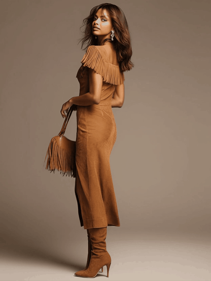 Western Retro Light Brown Faux Suede Slit Tassel Short-Sleeve Midi Dress