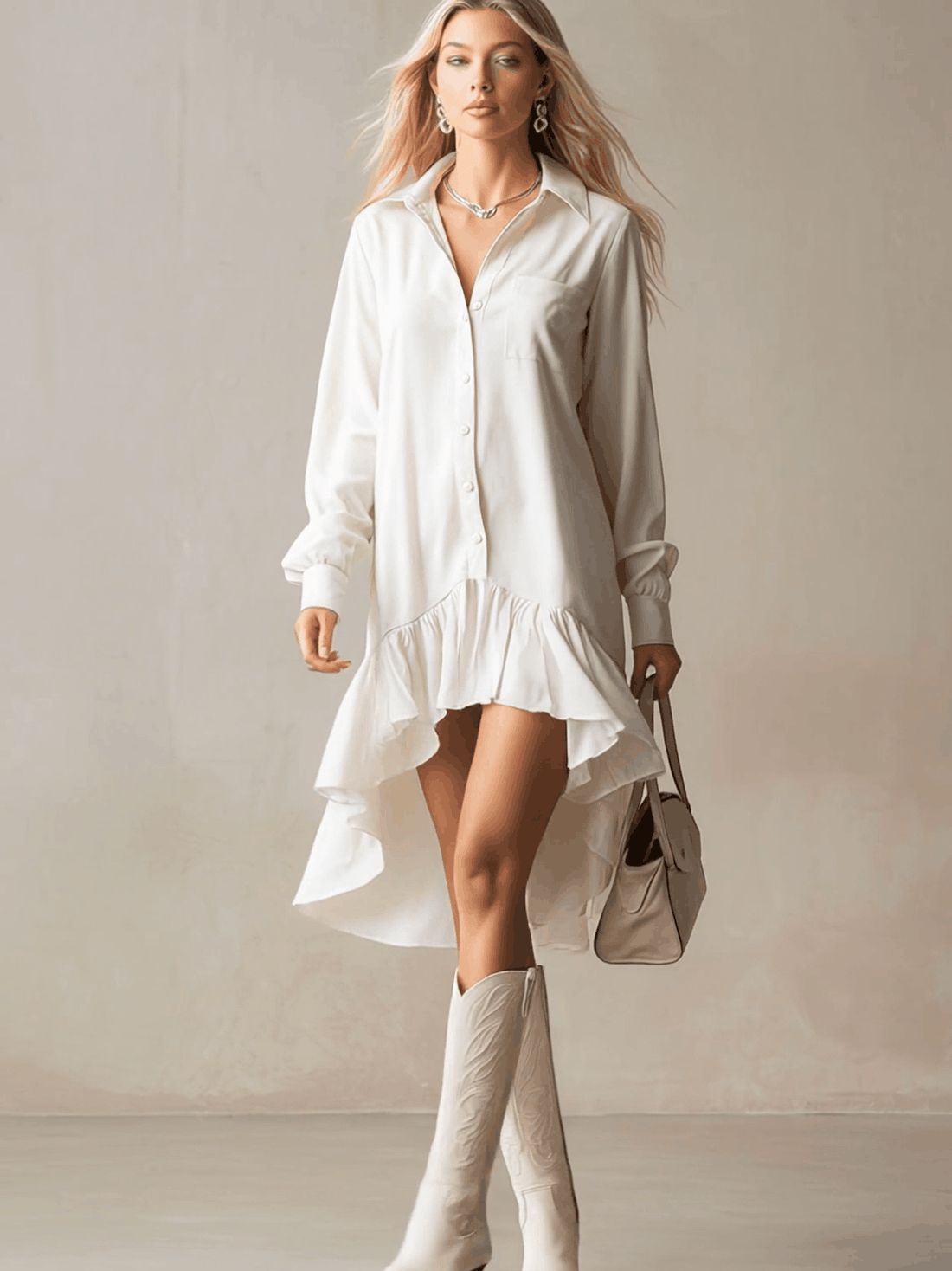 Stylish And Elegant Off-white Ruffled Tencel Denim Midi Dress