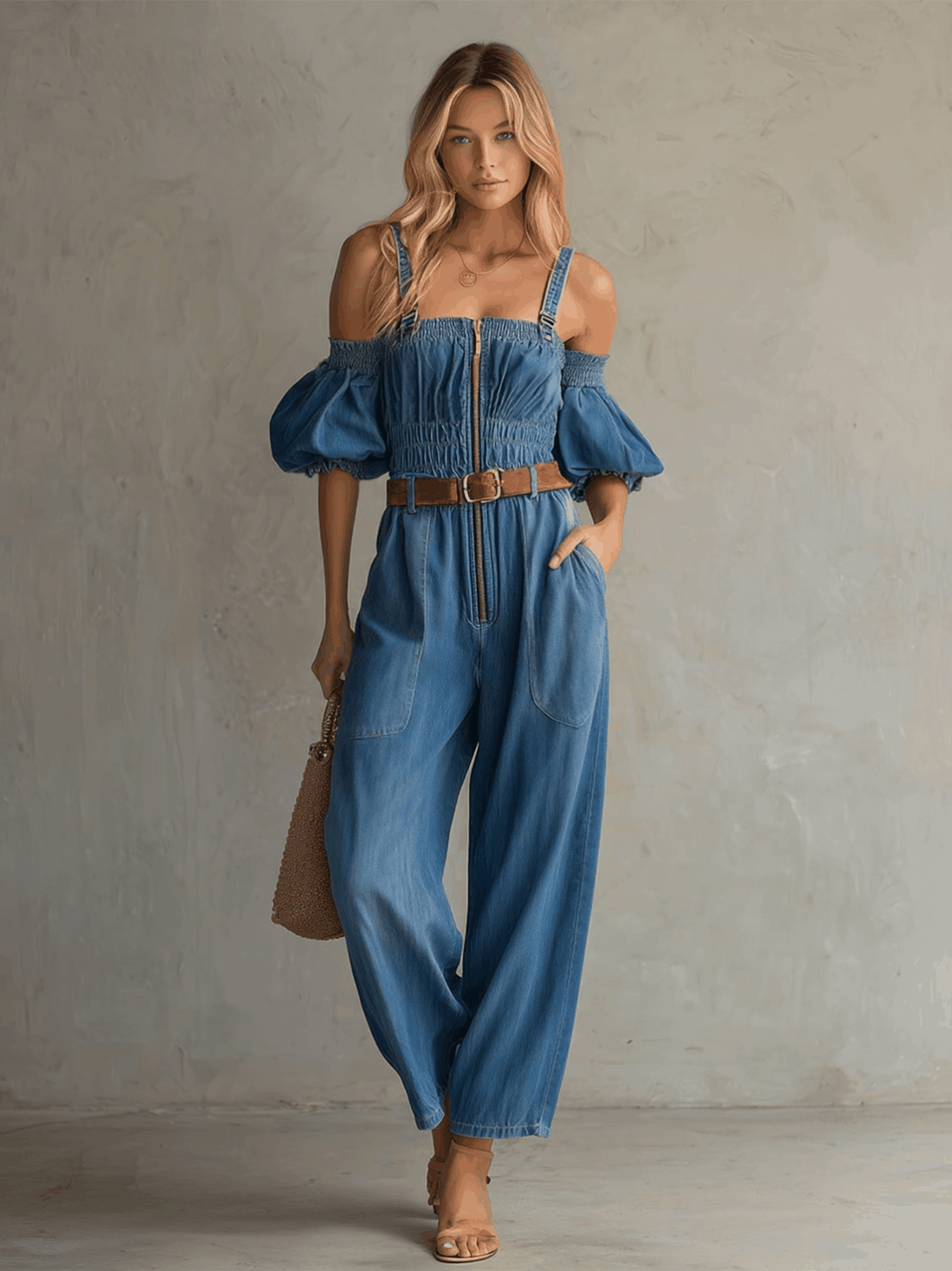 Fashionable Retro Blue Off-shoulder Short-sleeved Zip-up Denim Jumpsuit