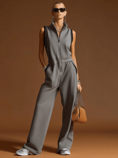 Casual Sporty Retro Dark Gray Cotton Blend Zipper Sleeveless Jumpsuit