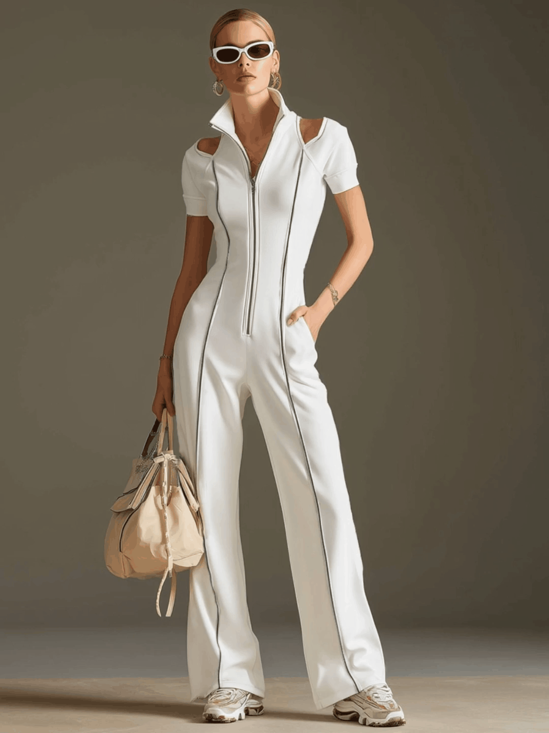 Sporty Retro Short-sleeved Openwork Ribbon White Cotton Blend Wide-leg Jumpsuit