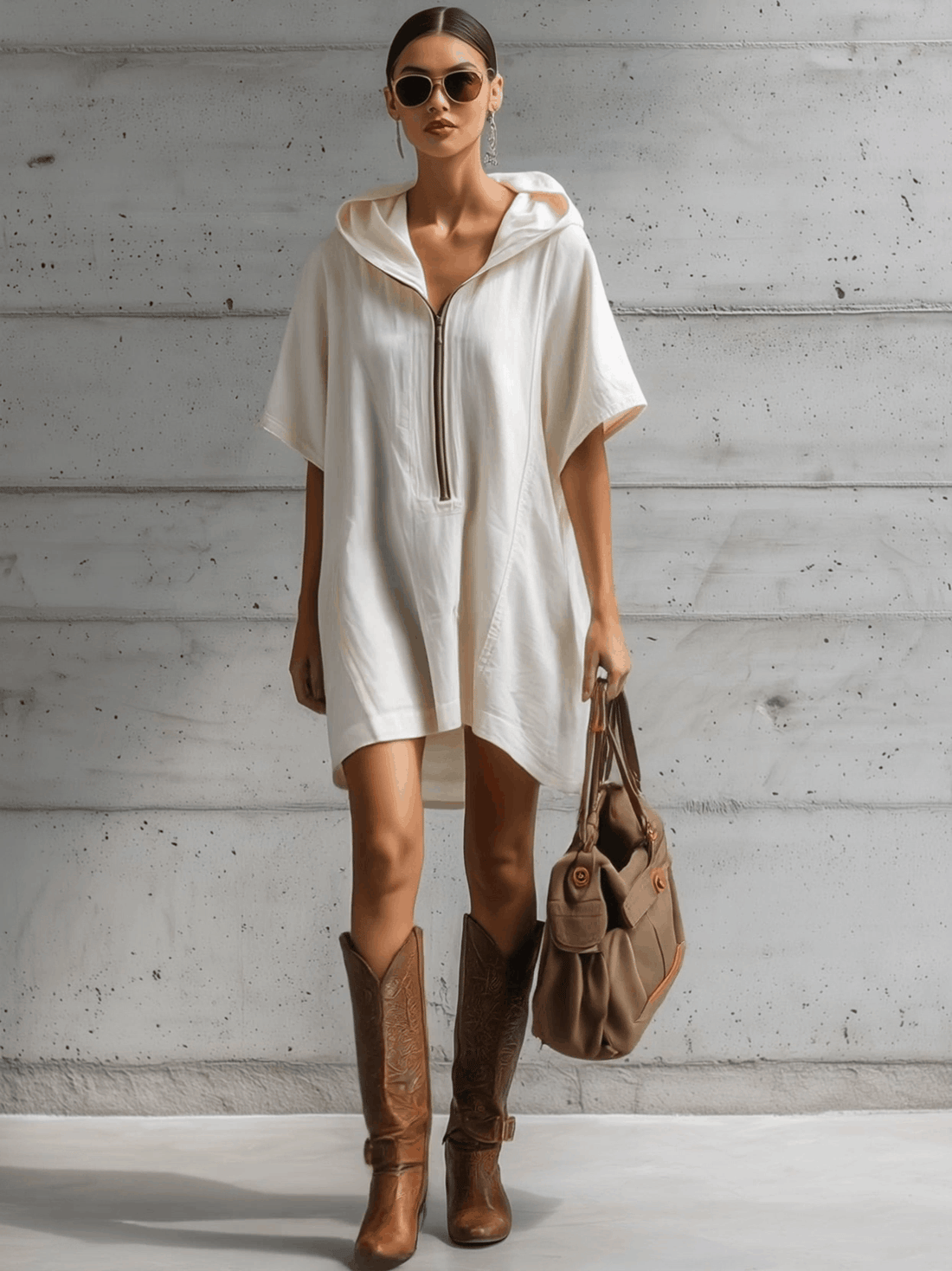 Casual Retro White Cotton Linen Short-sleeved Hooded Mini Dress