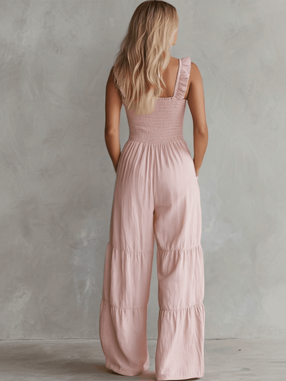Casual Retro Ruffled Pink Sleeveless V-neck Button Cotton And Linen Jumpsuit