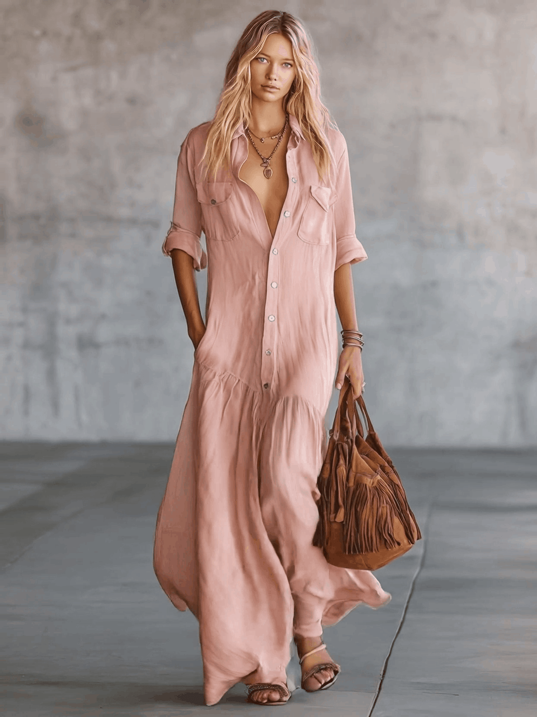 Casual Retro Western V-neck Front Button Short Sleeve Pink Cotton Linen Shirt Maxi Dress
