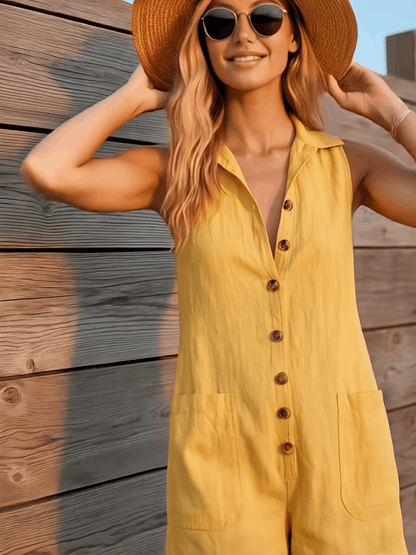 Casual Retro Yellow Collared Button Pocket Cotton Linen Shorts Jumpsuit