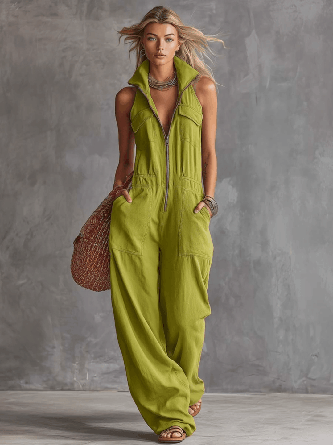 Casual Retro Western Collar Front Zipper Bright Green Cotton Linen Jumpsuit