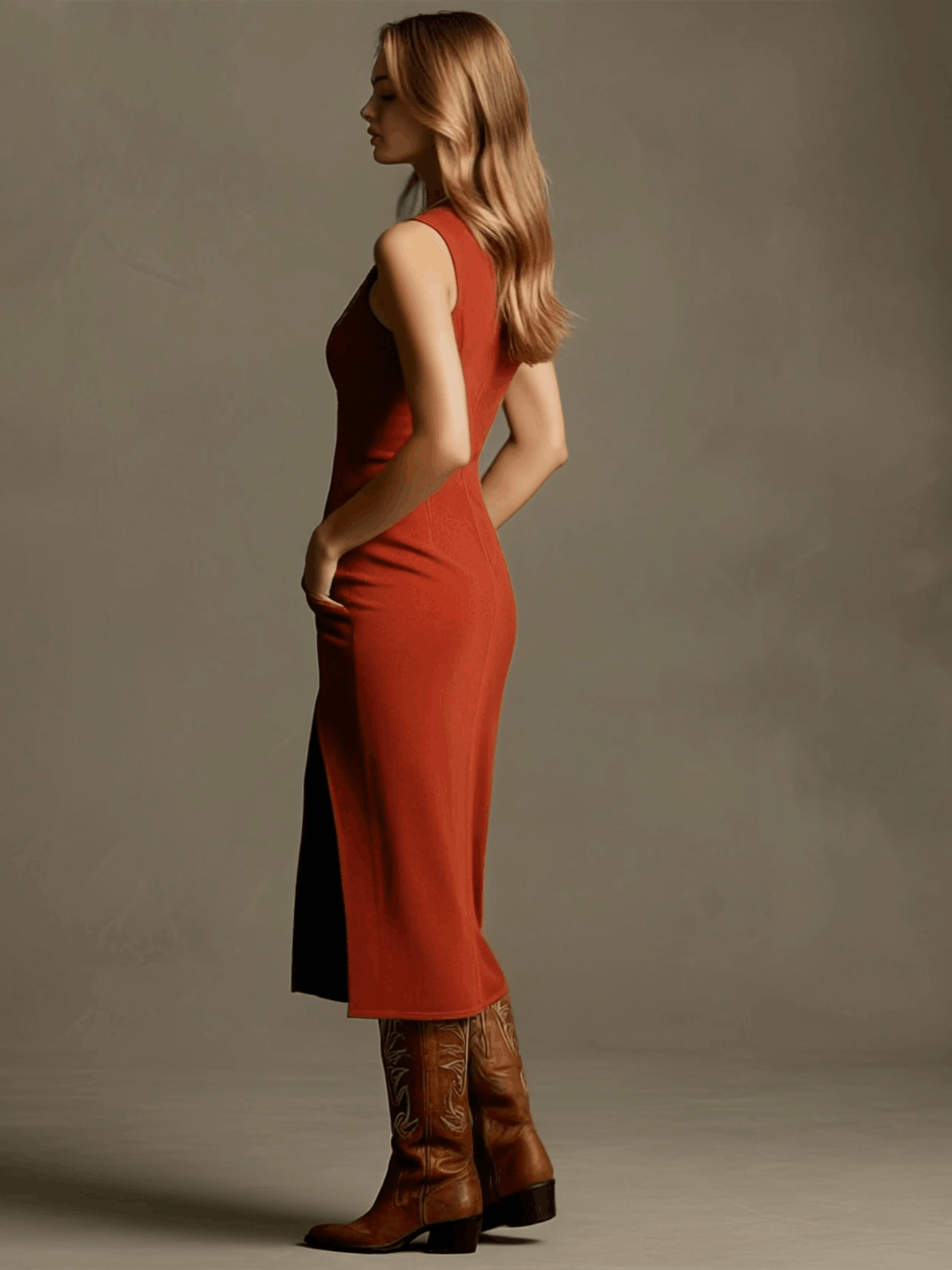 Western-style Retro Embroidered Sleeveless Red Faux Suede Midi Dress