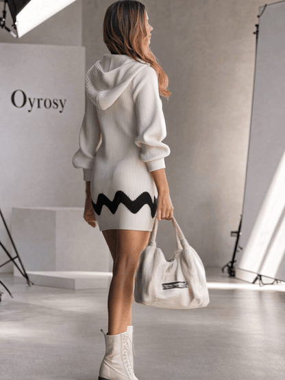 Casual Retro Black Wavy Trim White Hooded Knit Mini Dress