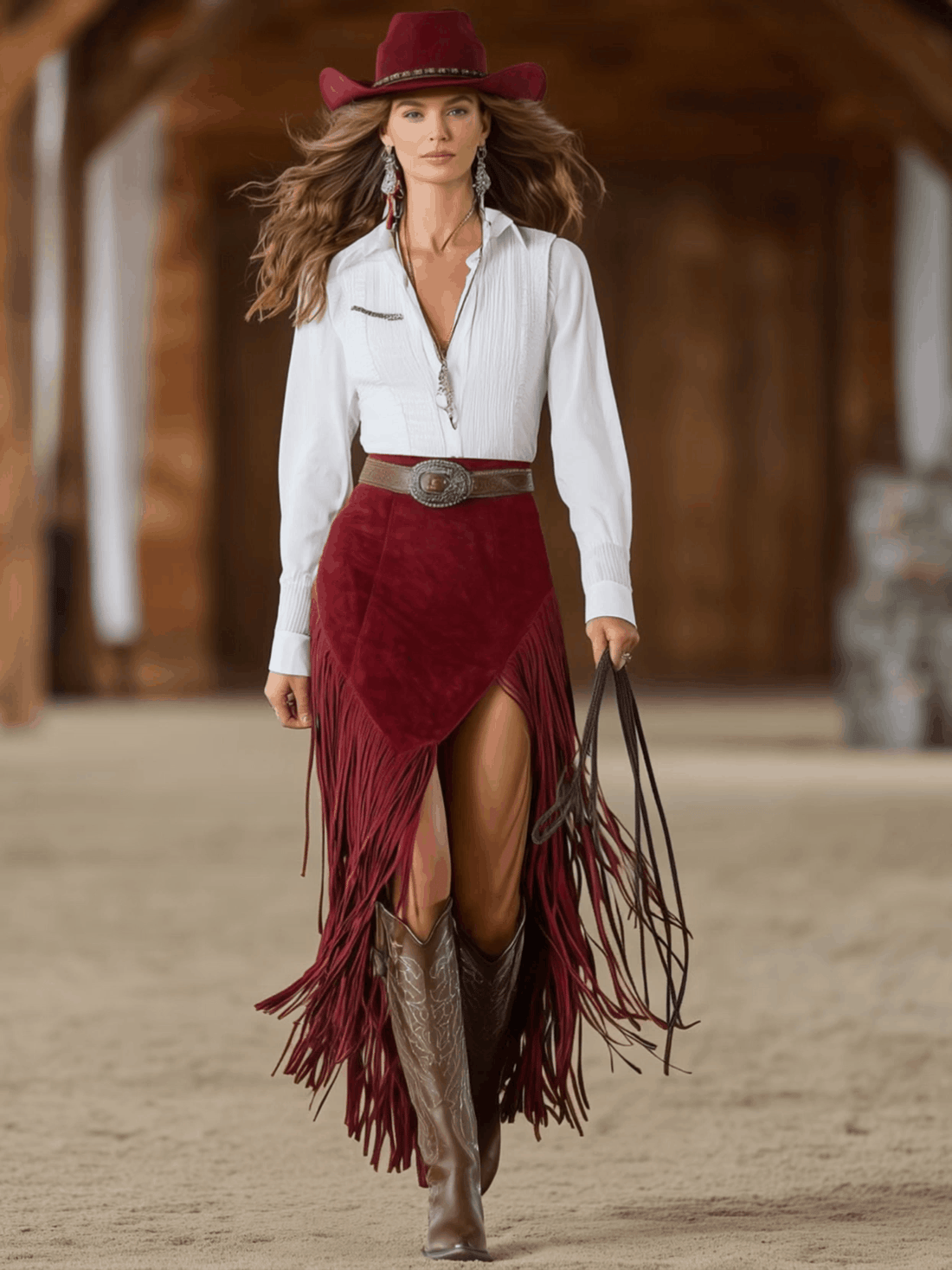 Western Retro Red Faux Suede Slit Fringe Midi Skirt