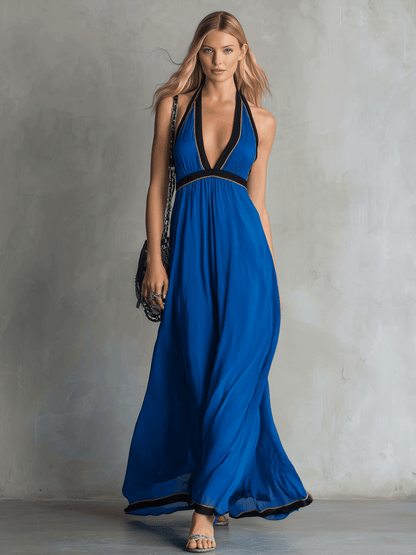 Elegant Retro Color-blocked Blue Sleeveless V-neck Chiffon Maxi Dress