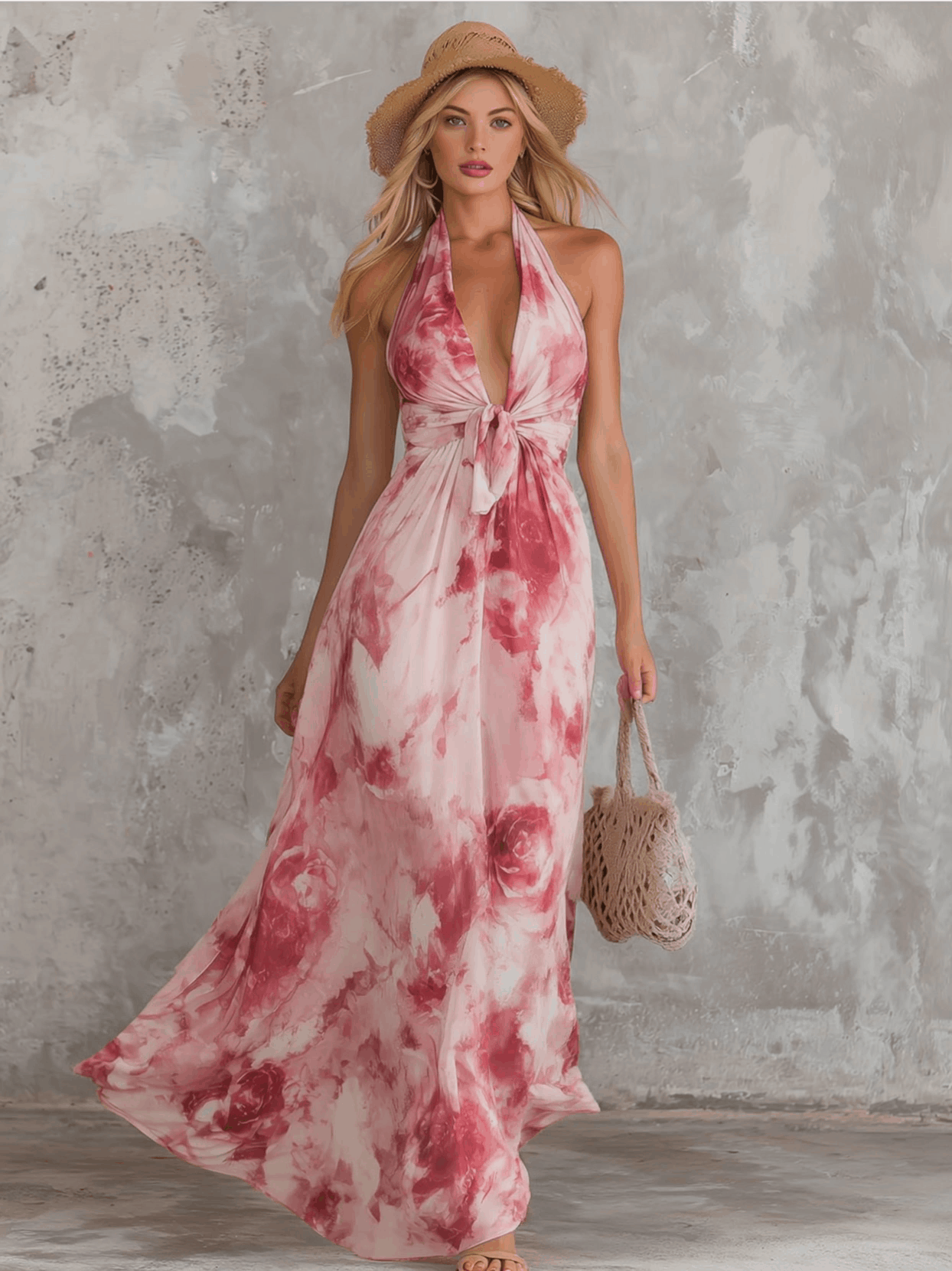Elegant Retro Pink Rose Print V-neck Sleeveless Chiffon Maxi Dress