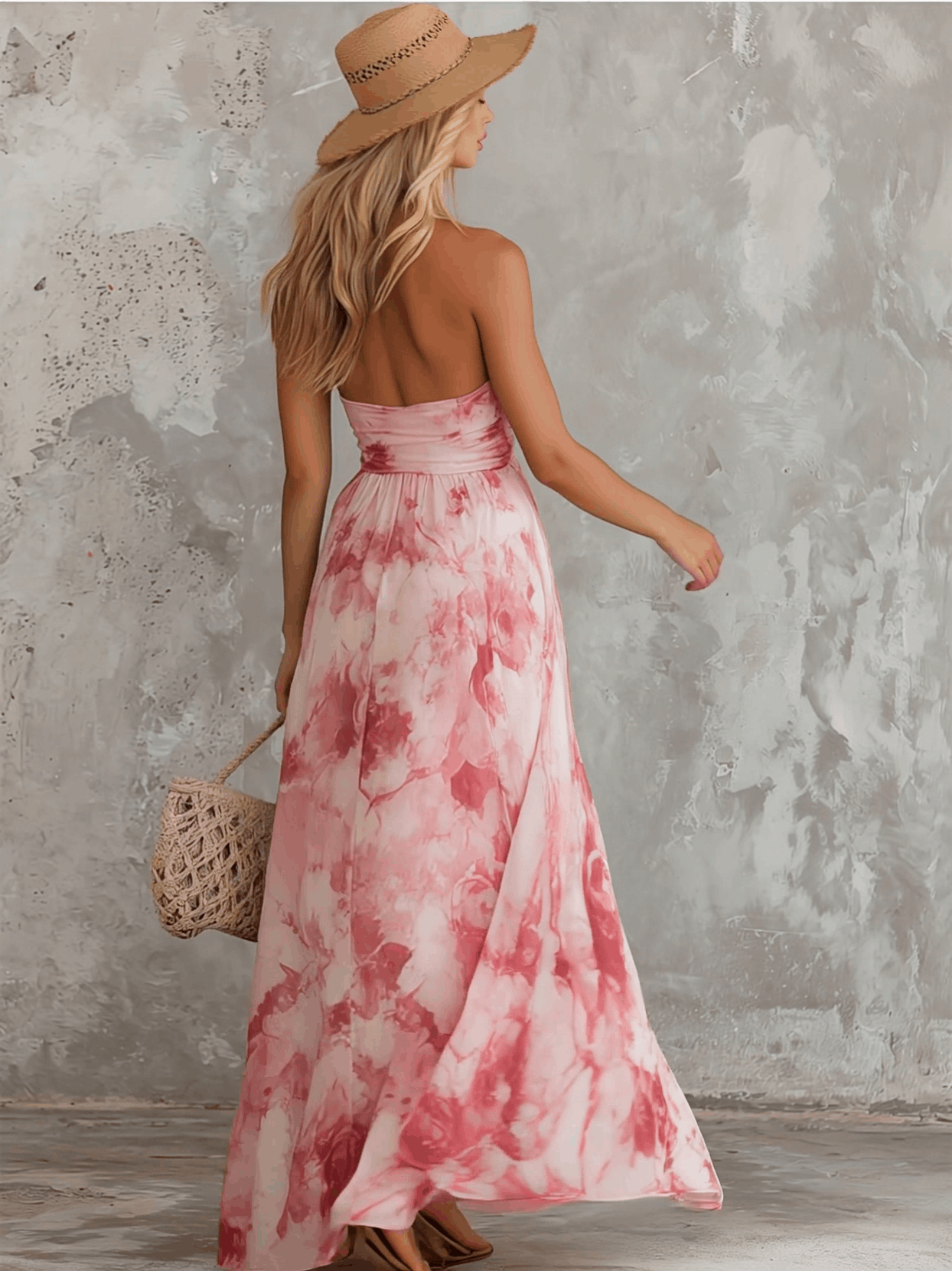 Elegant Retro Pink Rose Print V-neck Sleeveless Chiffon Maxi Dress