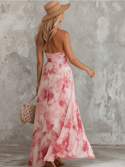 Elegant Retro Pink Rose Print V-neck Sleeveless Chiffon Maxi Dress
