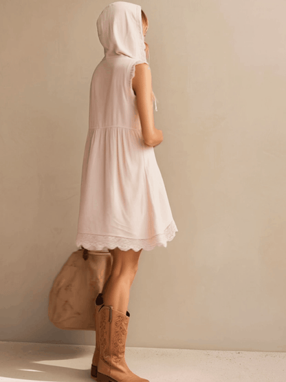 Vacation Retro Lace Pink Cotton Linen Sleeveless Hooded Mini Dress