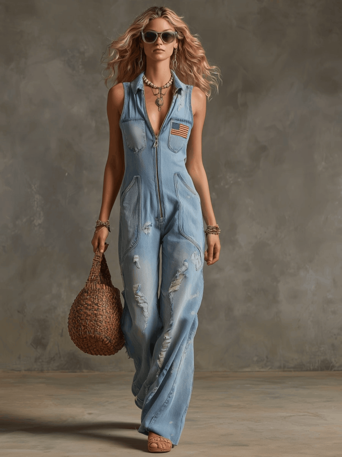 Western Retro American Flag Ripped Light Blue Denim Sleeveless Jumpsuit