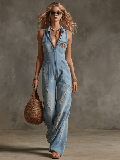 Western Retro American Flag Ripped Light Blue Denim Sleeveless Jumpsuit