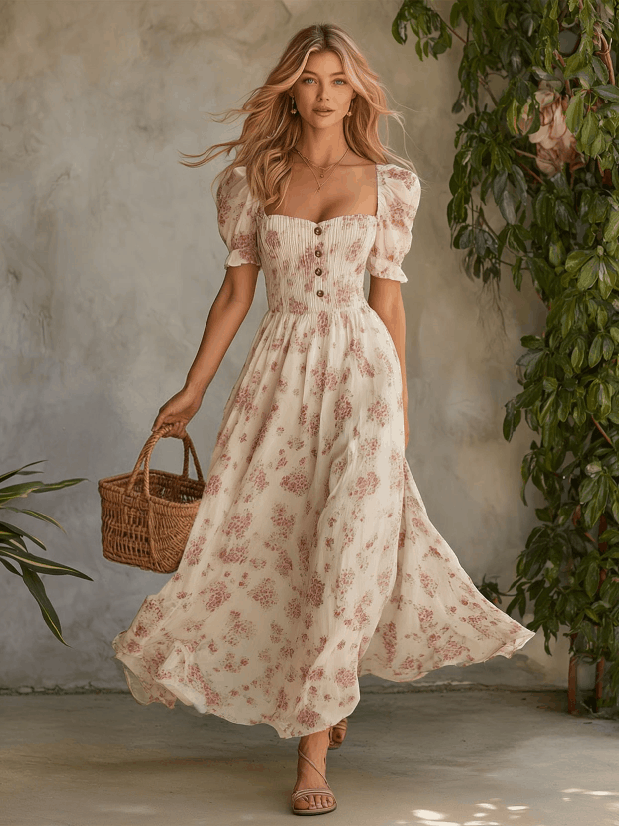Retro Elegant Pink Floral Off-white Short-sleeved Square Neck Chiffon Maxi Dress
