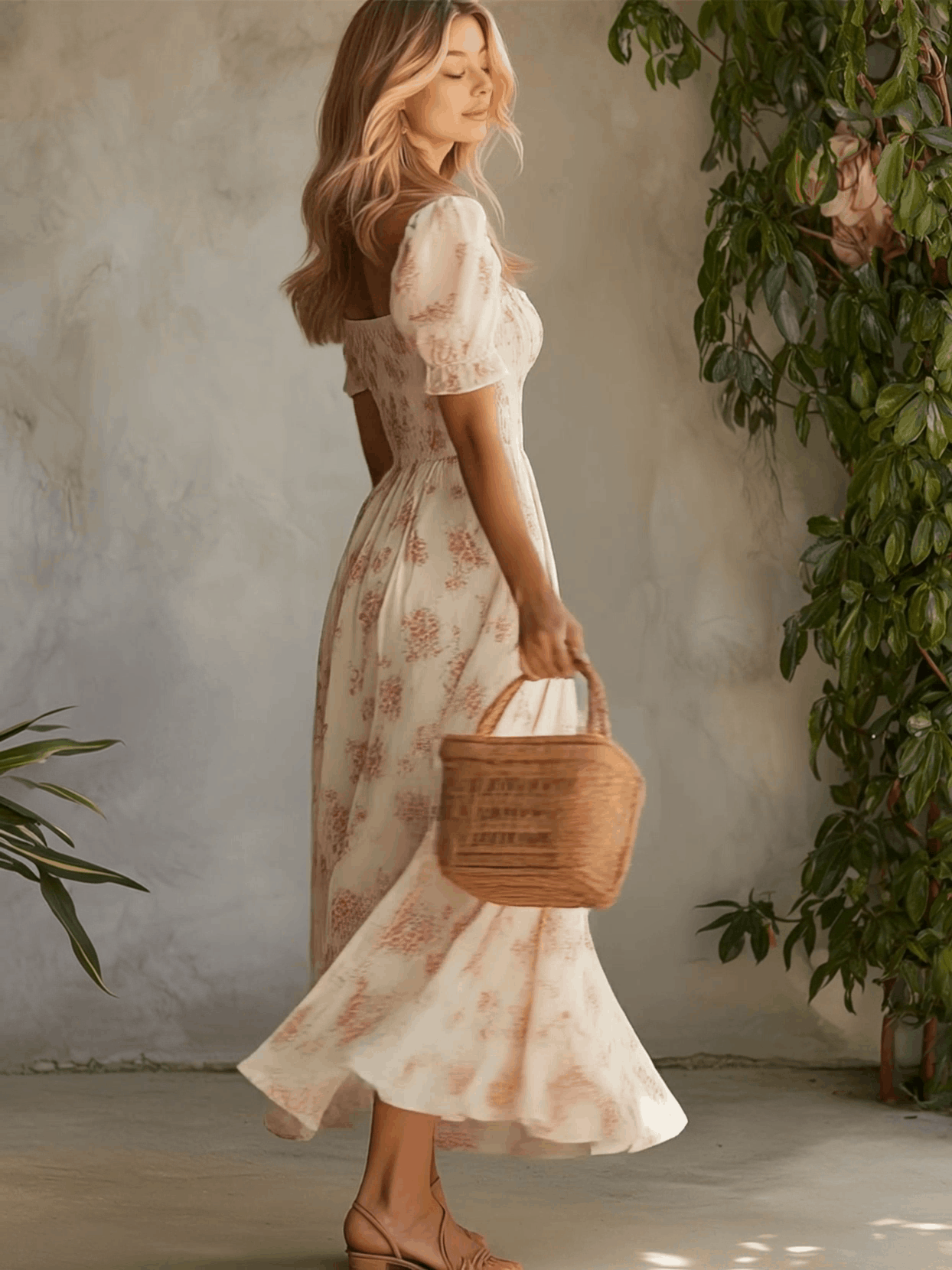 Retro Elegant Pink Floral Off-white Short-sleeved Square Neck Chiffon Maxi Dress