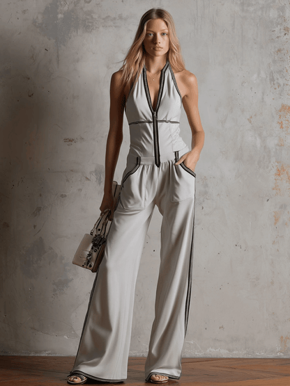 Casual Retro Black Ribbon Gray Sleeveless V-Neck Cotton Blend Jumpsuit