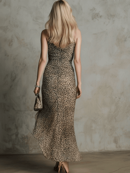 Retro Sexy Leopard Print Sleeveless V-neck Ruffled Slit Hem Chiffon Midi Dress