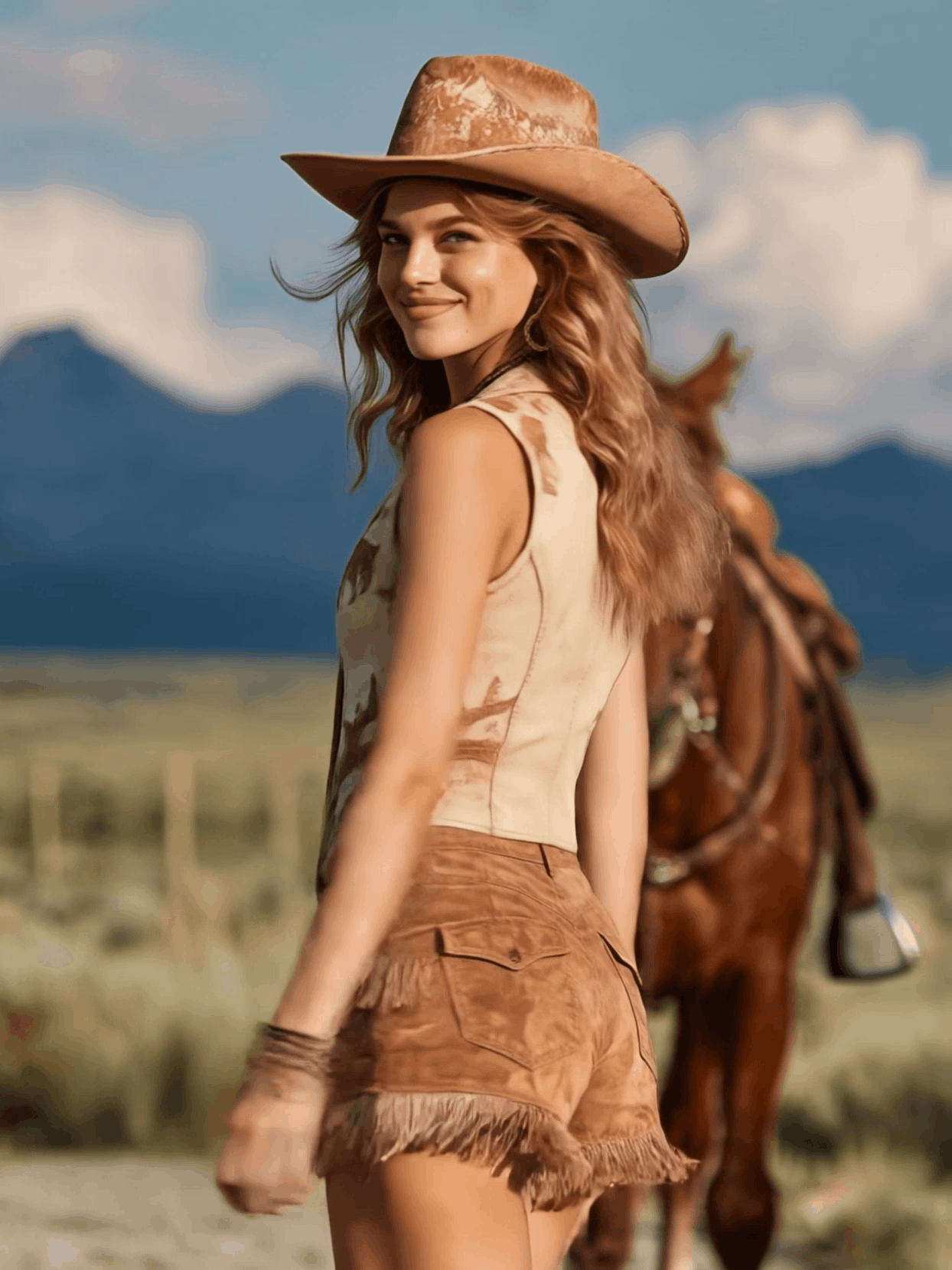 Western Retro Prairie Pattern Print Brown Faux Suede Tassel Vest And Shorts Set