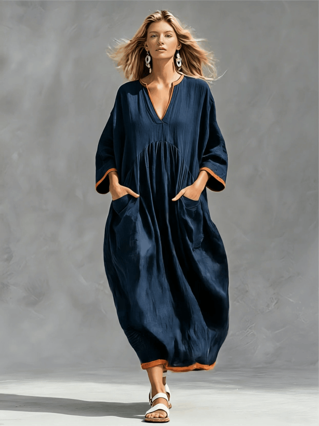 Casual Retro Color-blocked Trim Blue Long-sleeved V-neck Cotton Linen Midi Dress