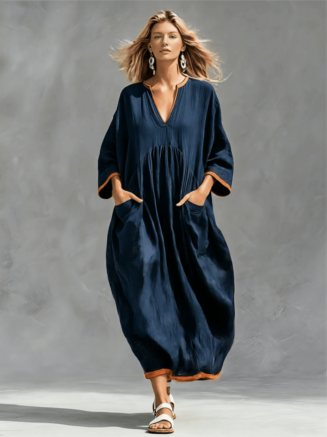 Casual Retro Color-blocked Trim Blue Long-sleeved V-neck Cotton Linen Midi Dress