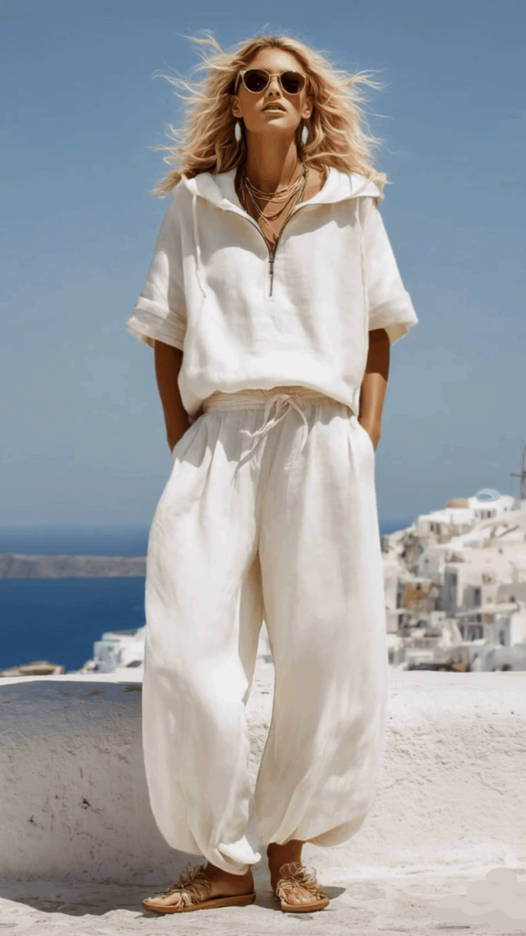 Vacation Retro White Cotton Linen Short-Sleeve Hooded Top And Balloon Pants Set