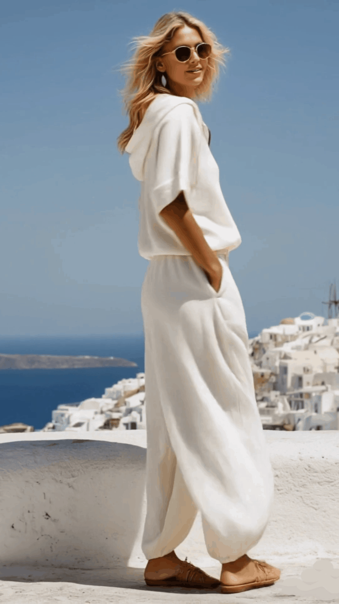 Vacation Retro White Cotton Linen Short-Sleeve Hooded Top And Balloon Pants Set