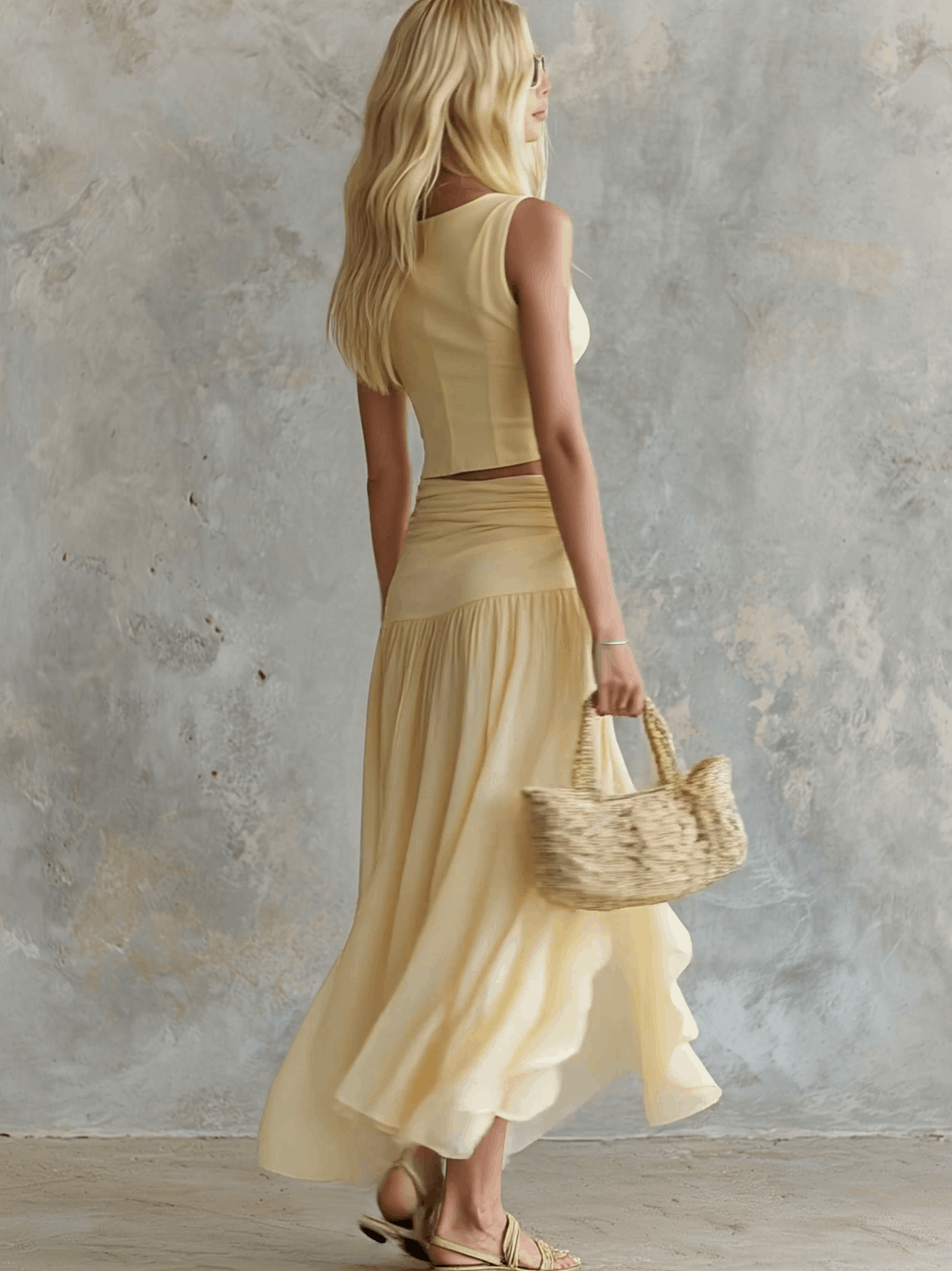 Retro-elegant Yellow Sleeveless V-neck Vest And Chiffon Skirt Set