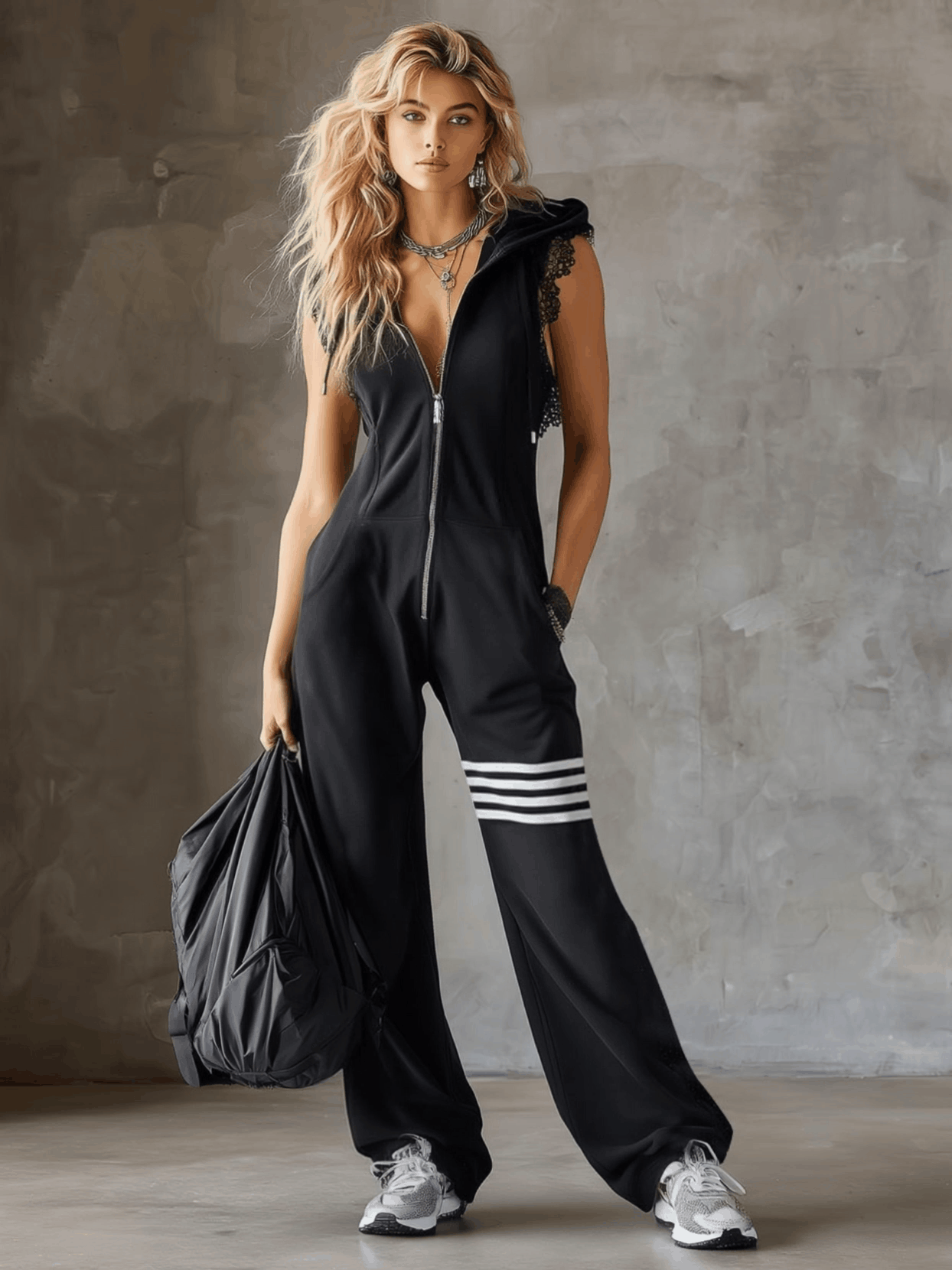 Sporty Retro Lace Striped Black Sleeveless Hooded Jumpsuit