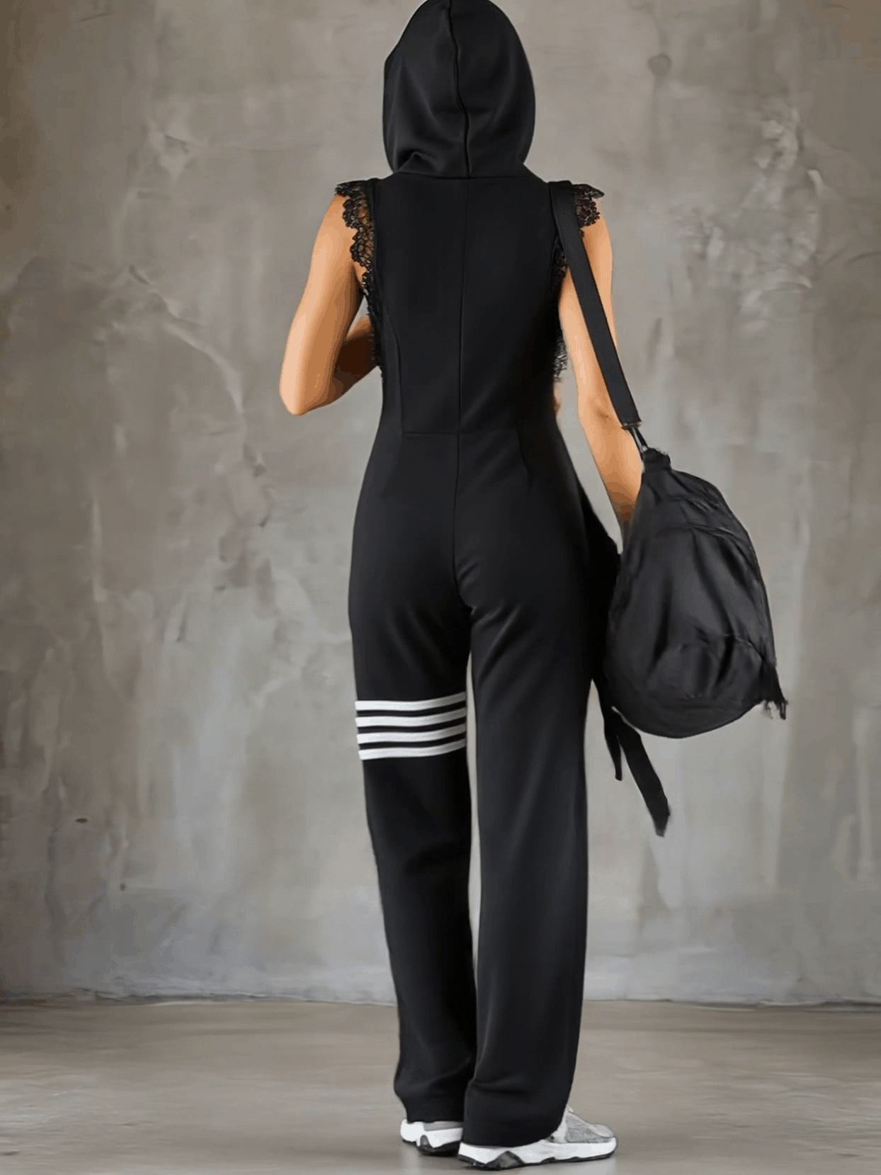 Sporty Retro Lace Striped Black Sleeveless Hooded Jumpsuit