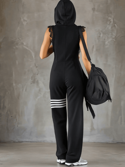 Sporty Retro Lace Striped Black Sleeveless Hooded Jumpsuit