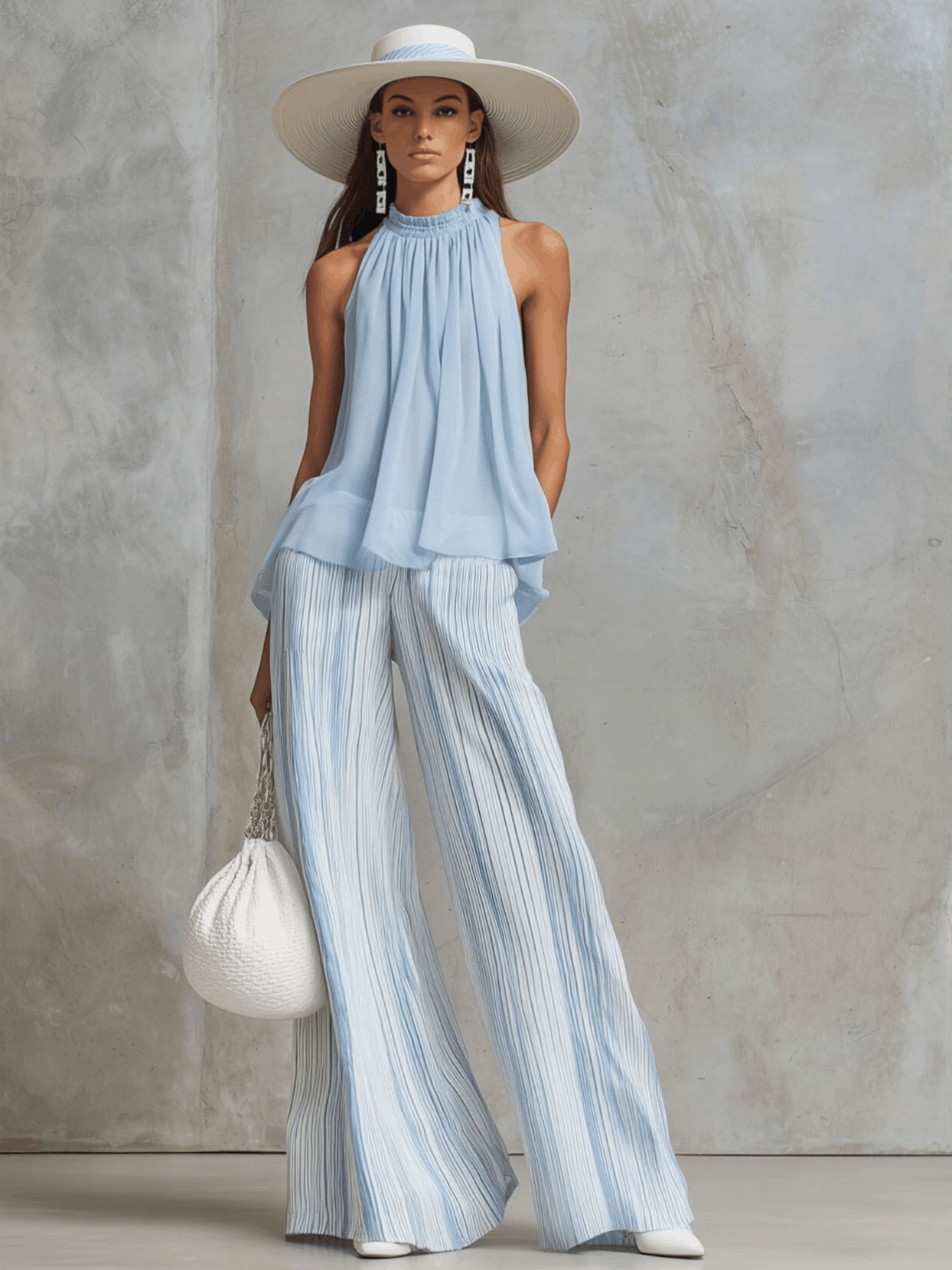 Vacation Light Blue Chiffon Sleeveless Top And Striped Wide-leg Pants Set