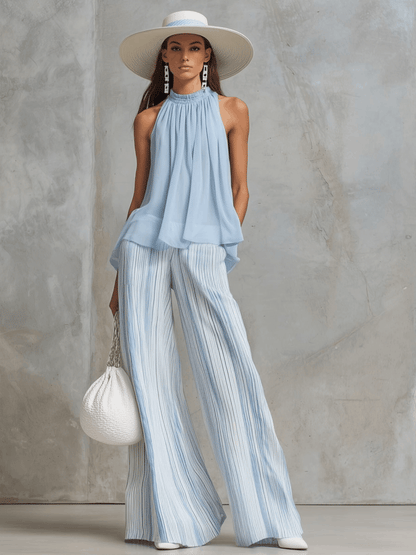 Vacation Light Blue Chiffon Sleeveless Top And Striped Wide-leg Pants Set