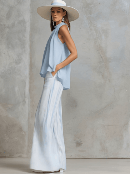 Vacation Light Blue Chiffon Sleeveless Top And Striped Wide-leg Pants Set