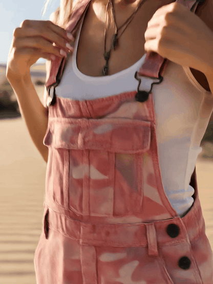 Casual Retro Pink Overalls With Multiple Pockets Camouflage Denim Jumpsuit
