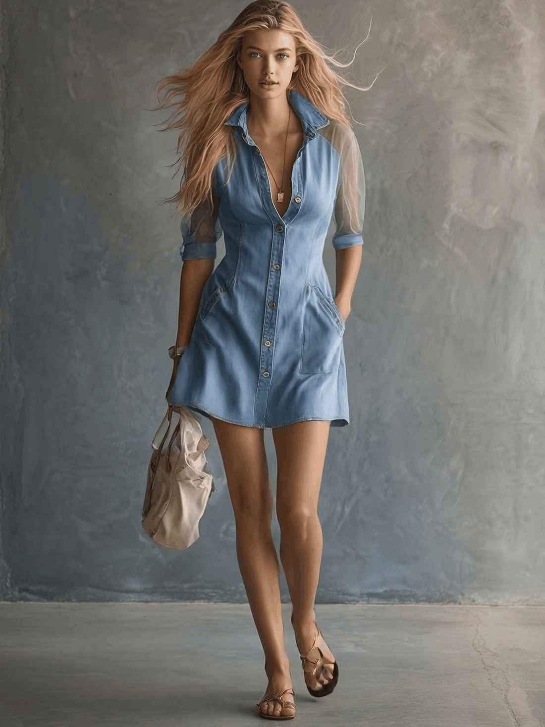 Retro Western Mesh Short Sleeve V-Neck Front-Button Light Blue Denim Mini Dress