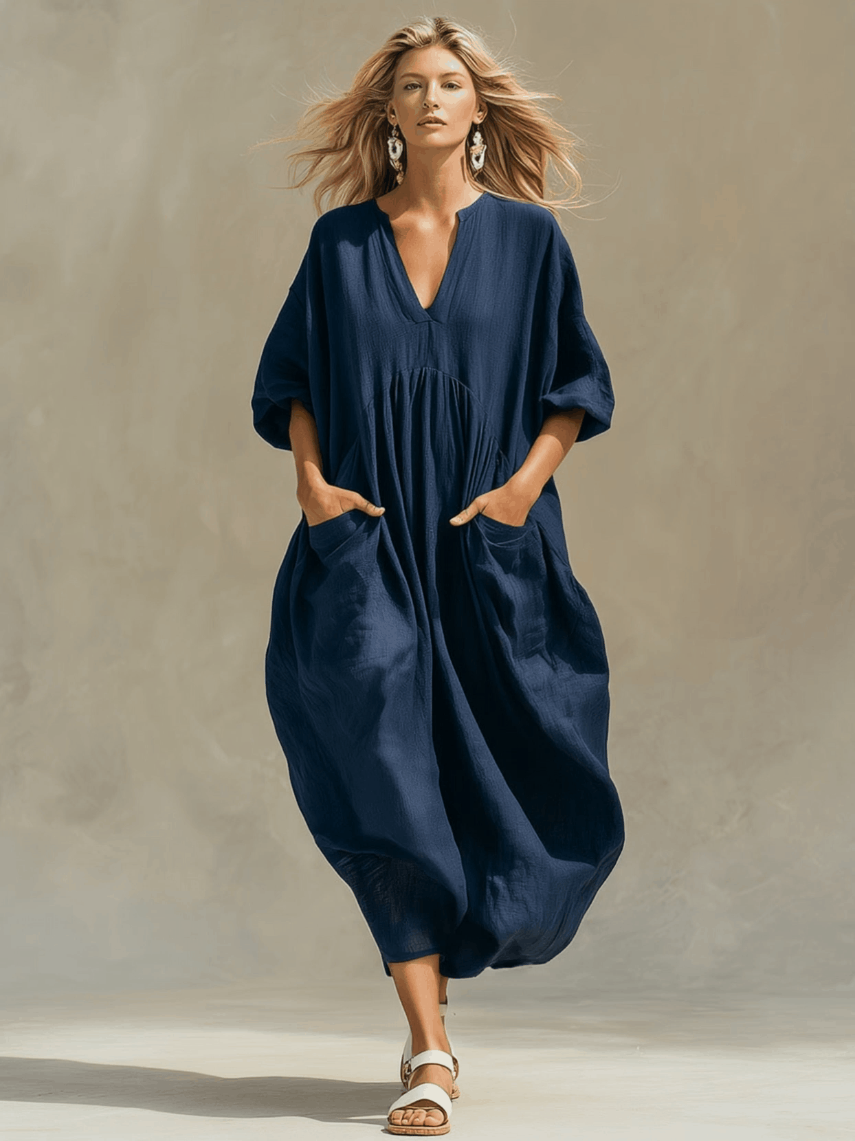 Casual Loose-Fitting Blue Short-Sleeved Cotton And Linen Midi Dress