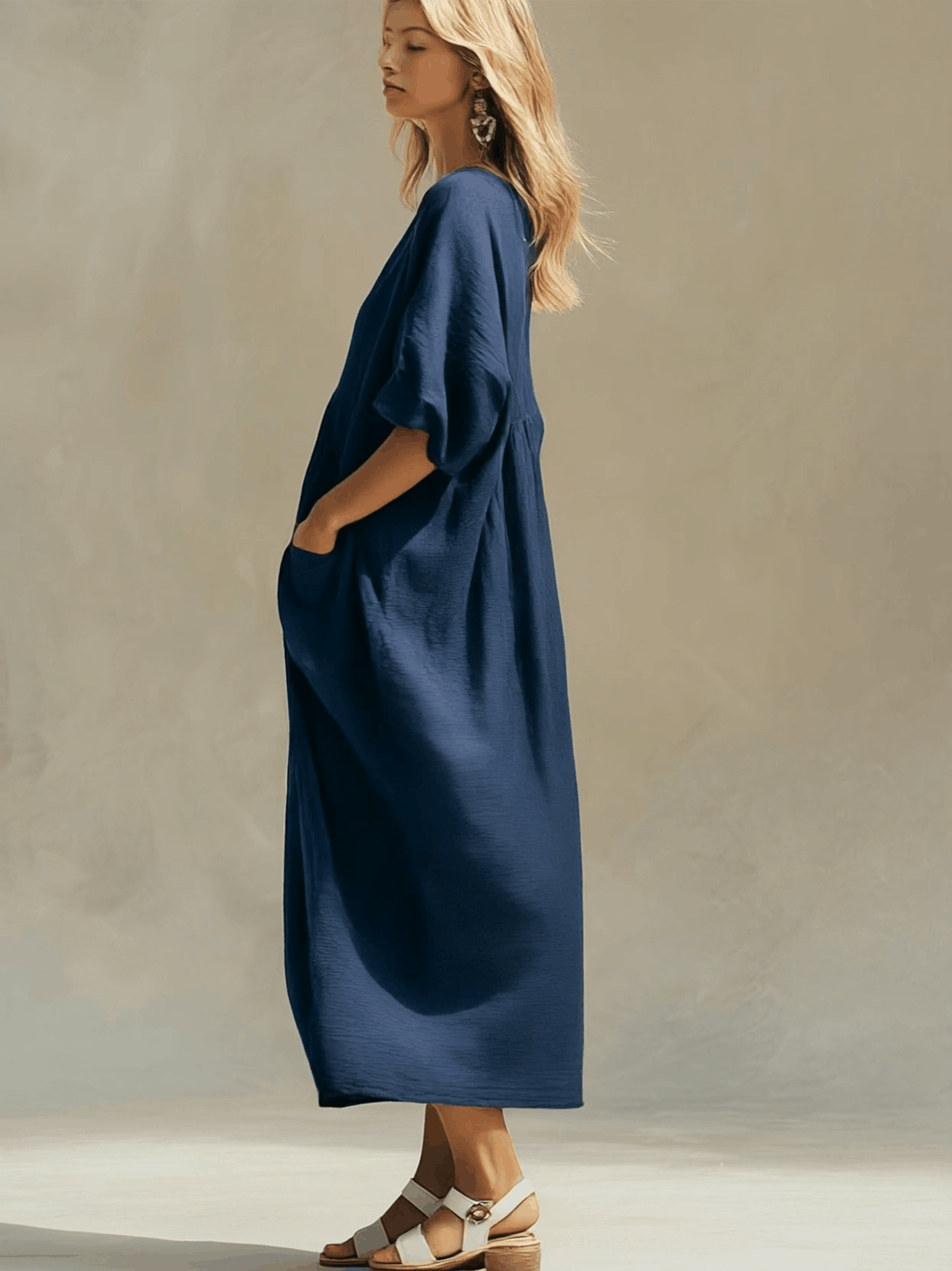 Casual Loose-Fitting Blue Short-Sleeved Cotton And Linen Midi Dress