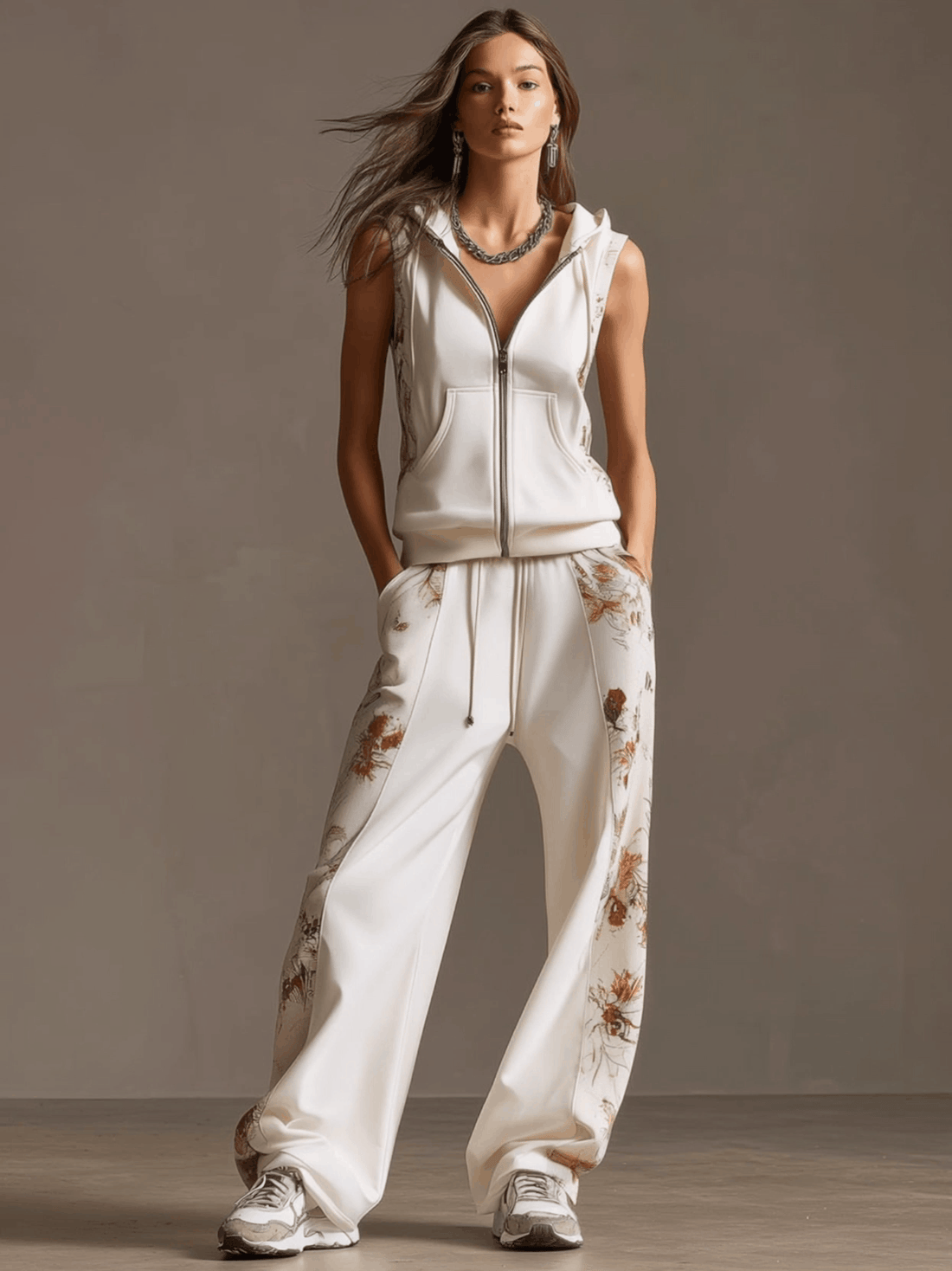 Sporty Retro Floral Velvet Patchwork White Sleeveless Hooded Sweatshirt And Pants Set