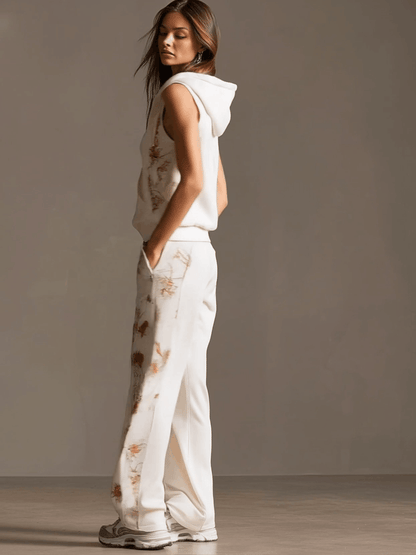 Sporty Retro Floral Velvet Patchwork White Sleeveless Hooded Sweatshirt And Pants Set
