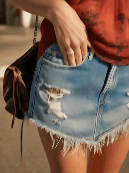 Western Retro Blue Frayed Denim Mini Skirt