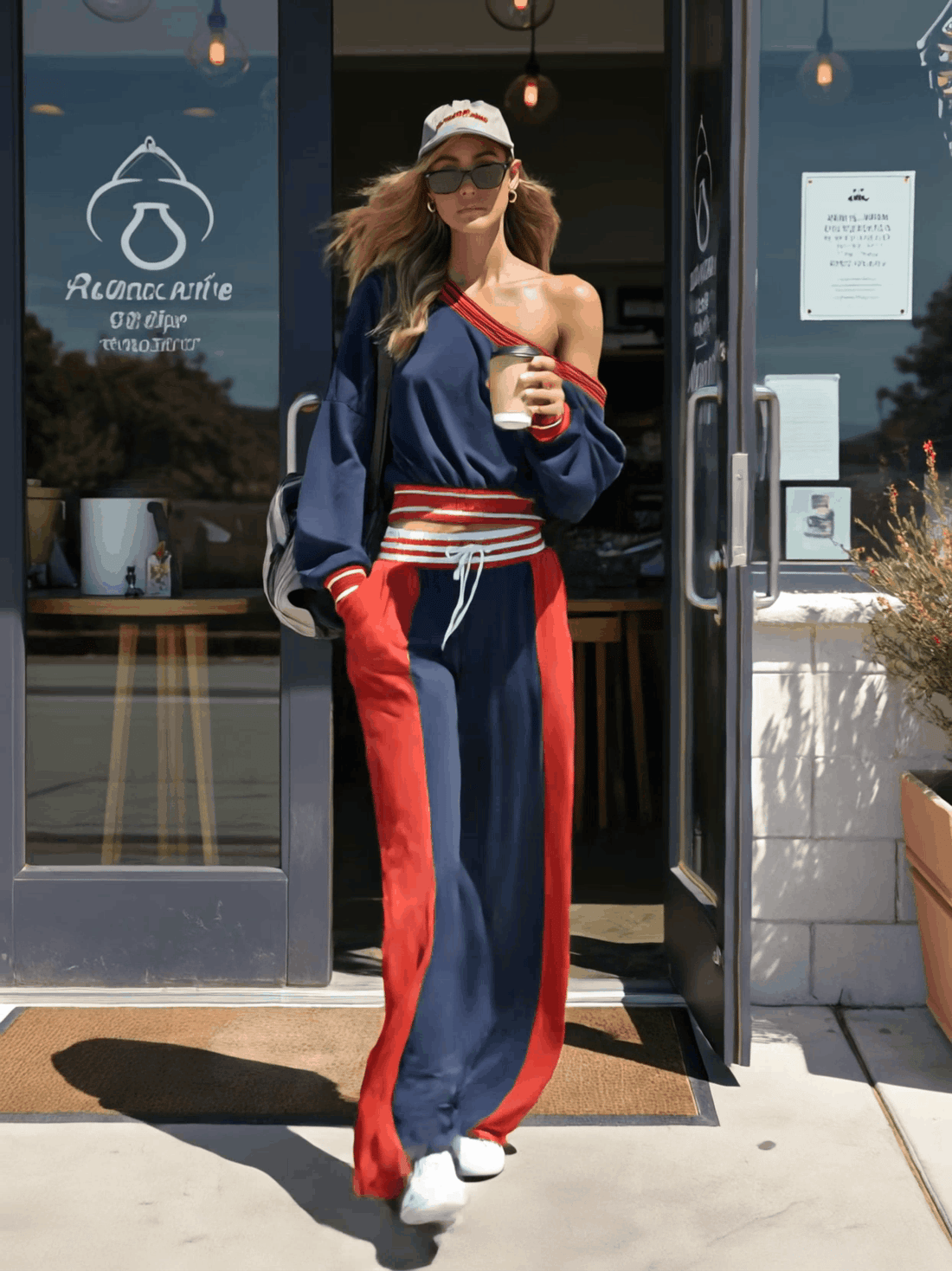 Retro Casual Sporty Red And Blue Color-blocked Off-shoulder Top And Pants Set