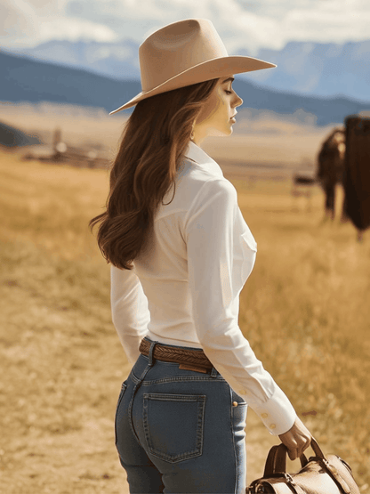 Western Retro Embroidered White Tencel Denim Shirt