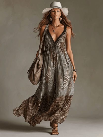 Vacation Retro Leopard Print Zebra Brown Chiffon V-Neck Lace Sleeveless Maxi Dress