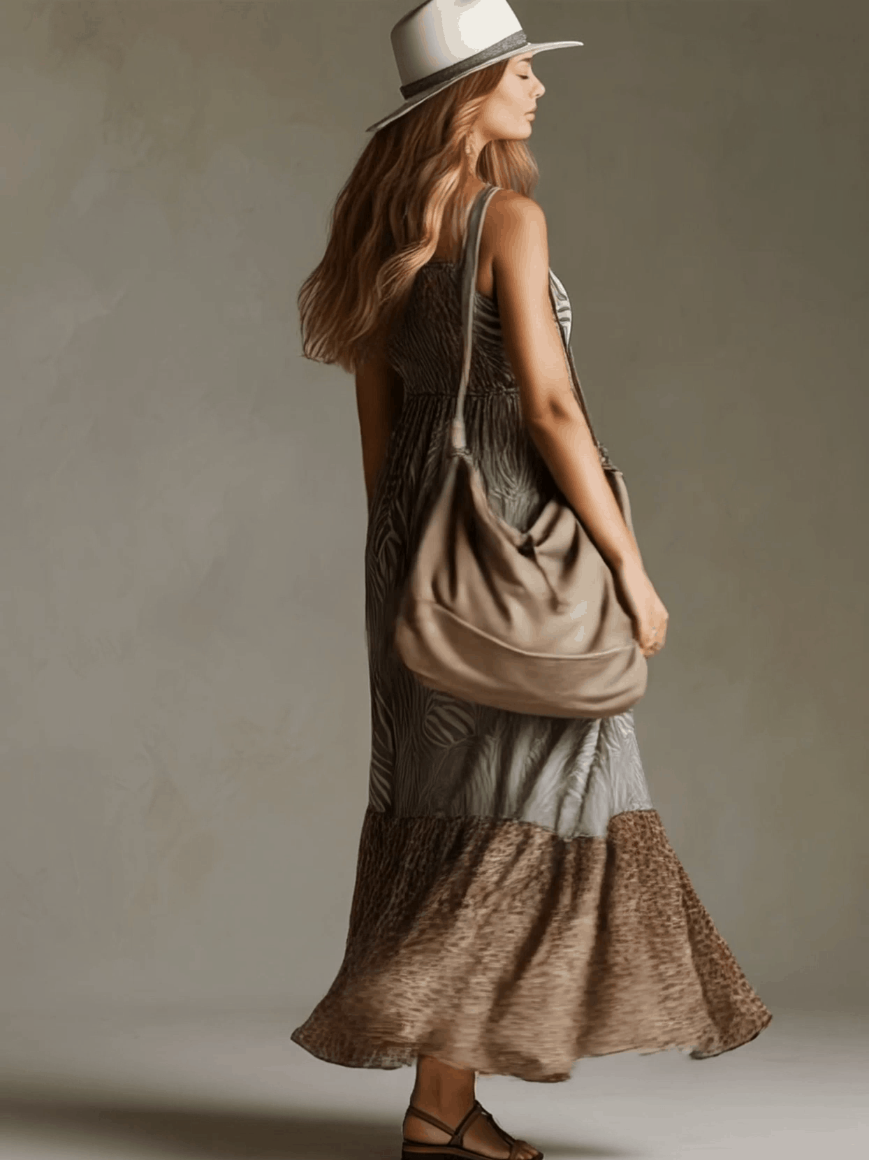 Vacation Retro Leopard Print Zebra Brown Chiffon V-Neck Lace Sleeveless Maxi Dress