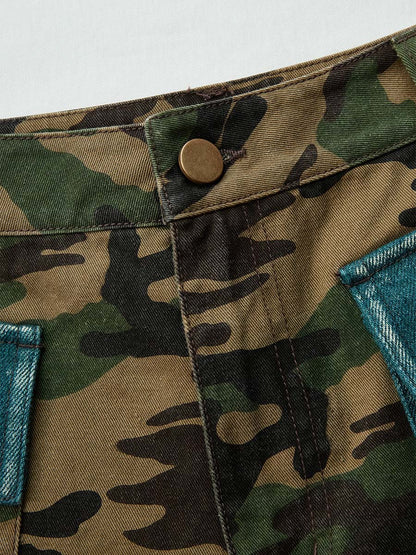 Vintage-style Olive Green Camouflage Denim Workwear Shorts